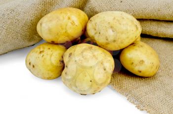 A pile of yellow potato tuber with a cloth sack isolated on white background