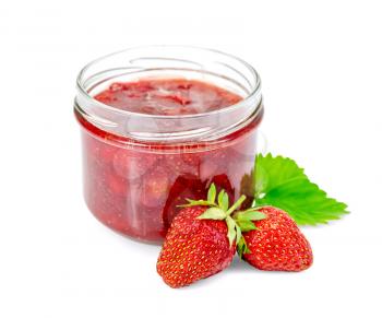 Strawberry jam in a glass jar, berry and leaf of strawberry isolated on white background