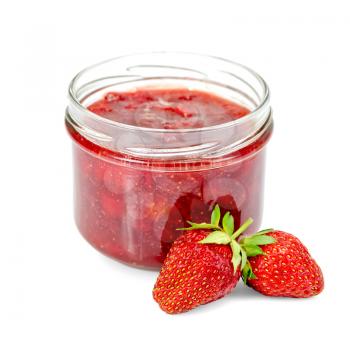 Strawberry jam in a glass jar, berry of strawberry isolated on white background