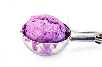 Blueberry Ice Cream in a special metal spoon isolated on white background