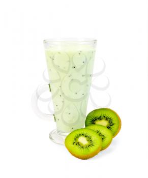 Milkshake in a tall glass with a glass of kiwi isolated on white background