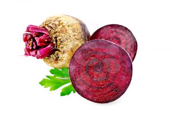 Beets whole and broken with parsley leaves isolated on white background