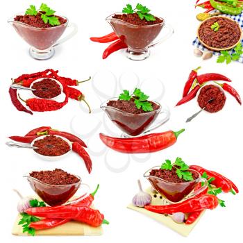 Set photos of Tabasco adjika in a glass gravy boat, pottery, plate, hot peppers, isolated on white background