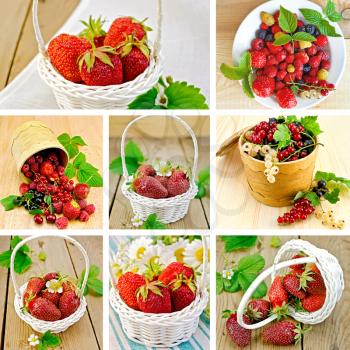 A set of photos of strawberries, raspberries, cherries and currants on a background fabric and a wooden board