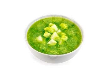 Cucumber soup with green peppers and garlic in a bowl isolated on white background