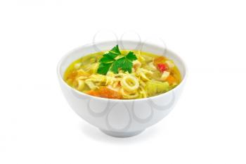 Minestrone soup with meat, celery, tomatoes, zucchini and cabbage, green peas, carrots and pasta in a bowl isolated on white background