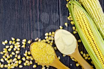 Flour and grits corn  in spoons, cobs and grains maize on a background of dark wooden boards