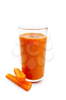 Carrot juice in a tall glass, pieces of vegetable isolated on white background