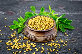 Fenugreek seeds in a bowl and on a table with green leaves on a wooden plank background