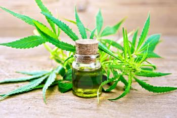 Hemp oil in a glass bottle, leaves and stalks of cannabis on the background of wooden boards