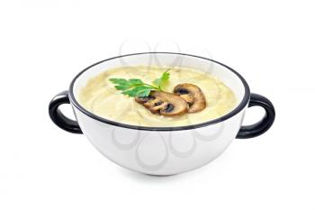 Soup-puree mushroom with champignons in bowl isolated on white background