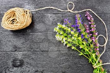 Bunch of fresh savory with green leaves and flowers, a coil of twine against a black wooden board