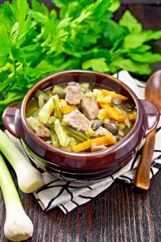 Eintopf soup of pork, celery, beans, carrots and potatoes with leek in a clay bowl on wooden board background