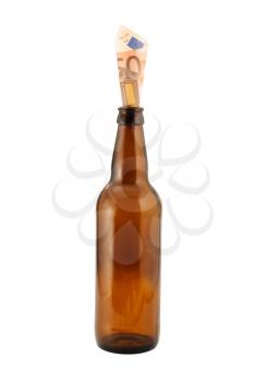 Royalty Free Photo of Money in an Empty Beer Bottle
