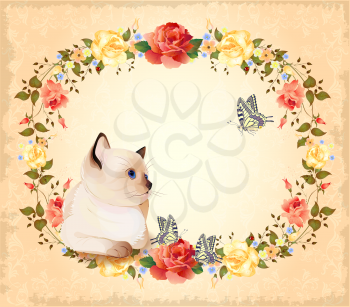 Royalty Free Clipart Image of a Siamese Cat With Flowers