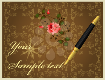 golden pen and rose over vintage background