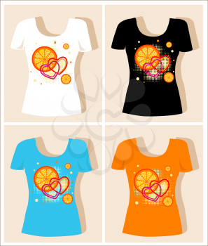 t-shirt design  with  oranges and hearts
