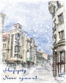 Christmas card  with illustration of city street.  Watercolor style.