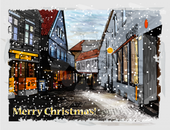 Illustration of snowy street. Christmas greeting card.