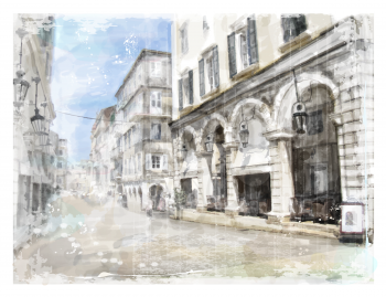 Illustration of city street. Watercolor style.