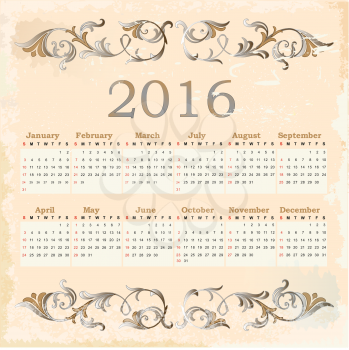 Calendar for 2016. Vintage style.