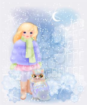 Young girl and fairytale owl in the snowy city. Christmas  and New Year illustration.  Winter in the city. Watercolor style.
