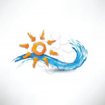 Royalty Free Clipart Image of a Blue Wave and Sun