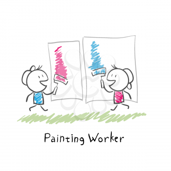 Two people paint rollers. Illustration.