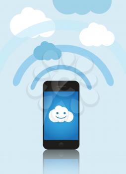 Cloud computing concept. Mobile phone makes contact with a cloud server.