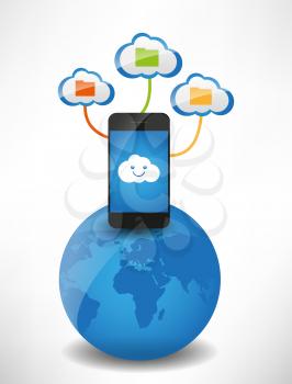 Cloud computing concept. Clouds with files, the mobile phone is on the globe