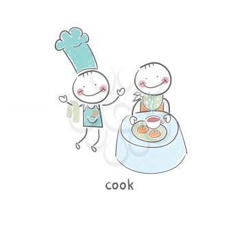 Cook and visiting the restaurant. Illustration.