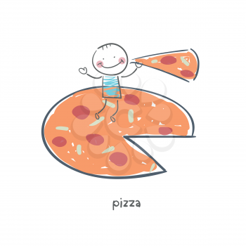 Man eats pizza. Illustration.