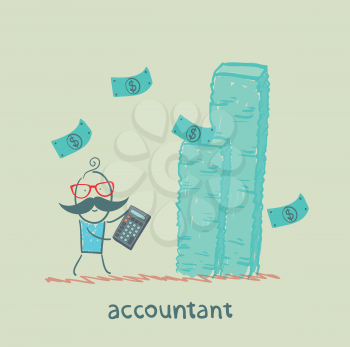 accountant with a calculator considers a lot of money