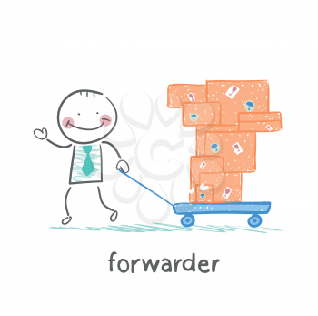 forwarder carries a wheelbarrow with boxes of goods