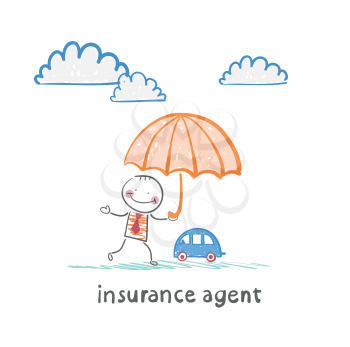 insurance agent is holding an umbrella over the machine