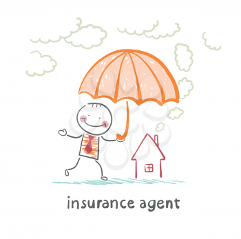 insurance agent is holding an umbrella over the house