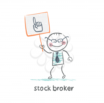 Stock broker holding a sign with his hand