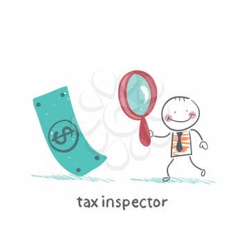 tax inspector with magnifying glass looking for money