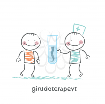 girudoterapevt shows the patient tube with leeches