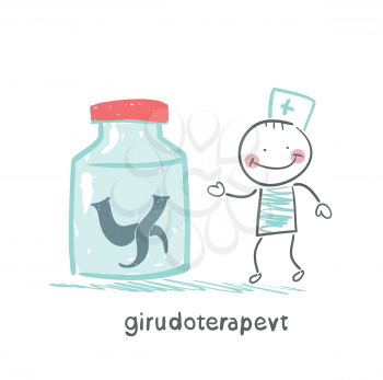 girudoterapevt stands next to a jar of leeches