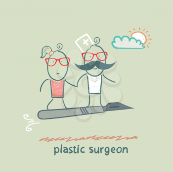 plastic surgeon with a patient flies on a scalpel