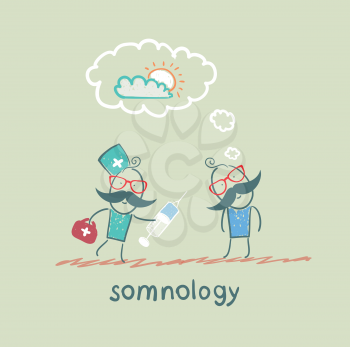 somnology stands next to a syringe with a patient who has fallen asleep