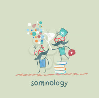 somnology standing on a pile of books and dreams of catching a butterfly net patient