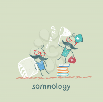 somnology standing on a pile of books and catches the patient's snoring