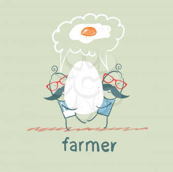 farmer has a huge egg with a man and they think of fried eggs