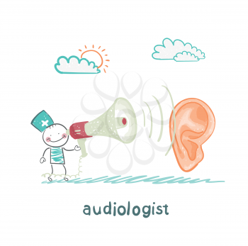 otolaryngologist yells into a megaphone on patient