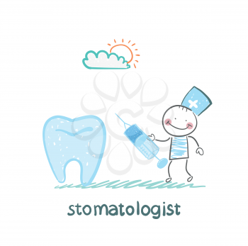 treats tooth with a syringe