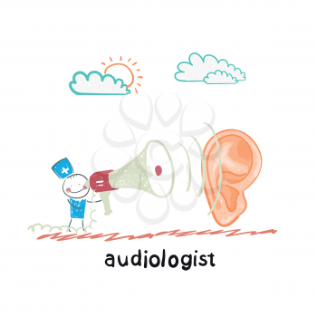 otolaryngologist yells into a megaphone on a large ear