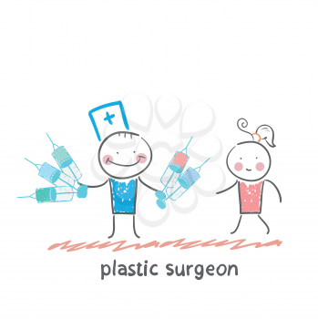 plastic surgeon holding syringe and stands next to the patient