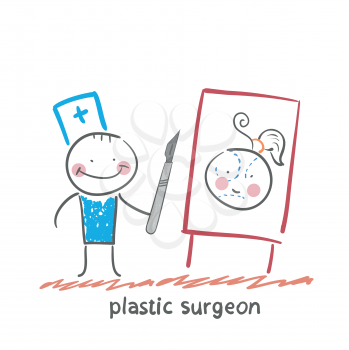 plastic surgeon with a scalpel gives a presentation about facial surgery